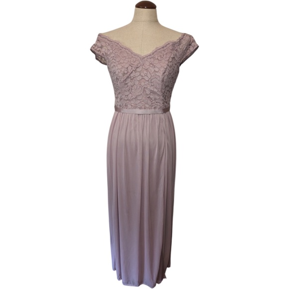 David's Bridal Off-the-Shoulder Lace and Mesh Bridesmaid Dress - Picture 1 of 2